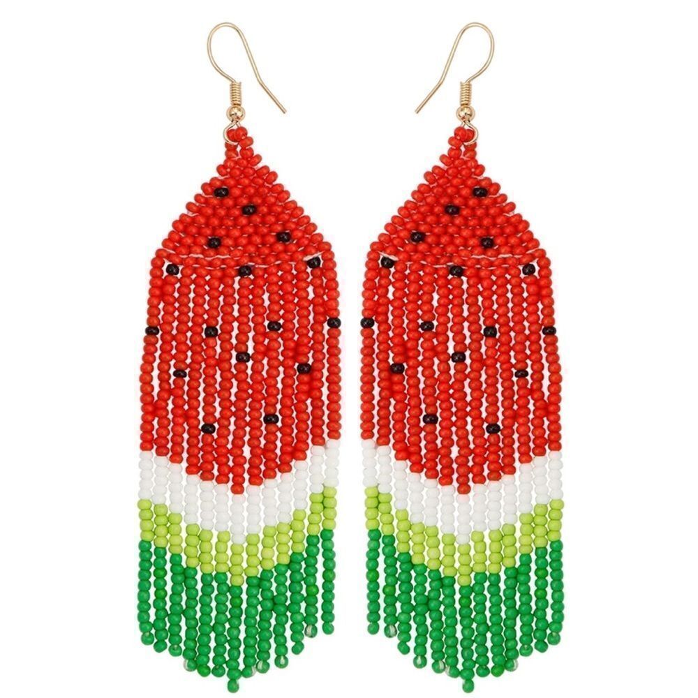 Watermelon Boho Seed Bead Tassel Dangling Statement French Wire Hook Earrings